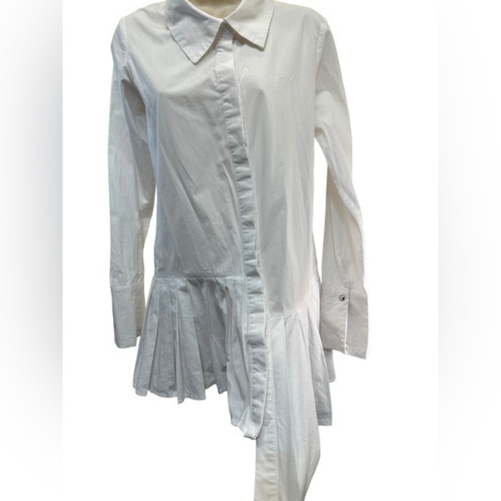 balenciaga white button down long sleeve collared asymmetrical  pleated hem top